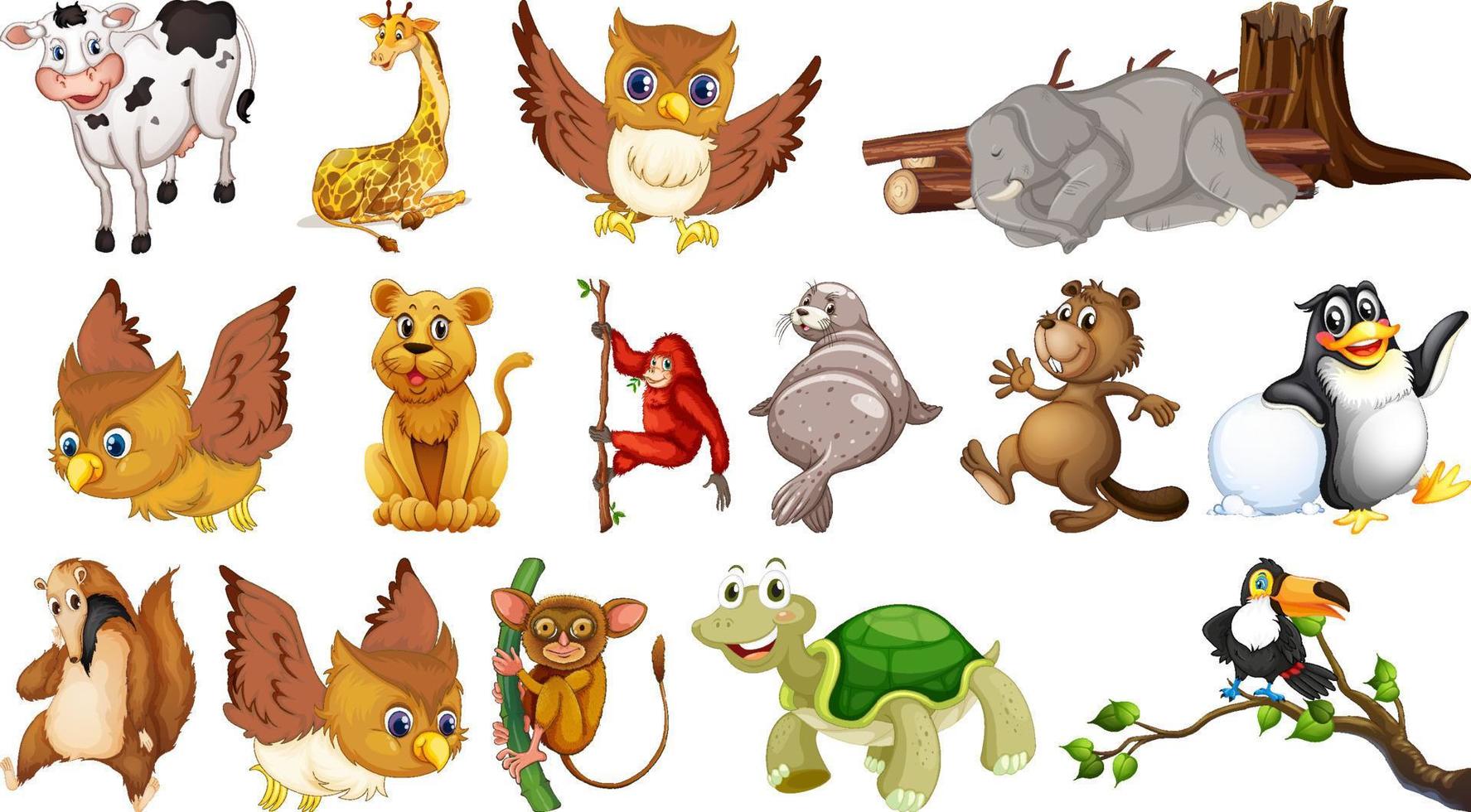 Many wild animals on white background vector