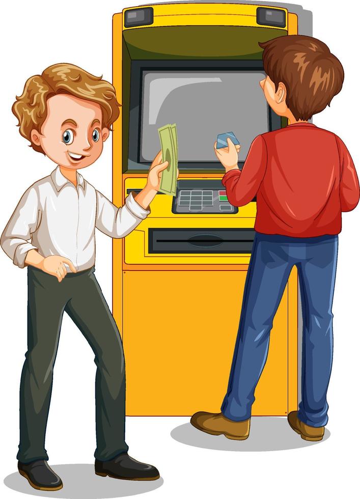 Two men standing at atm machine vector