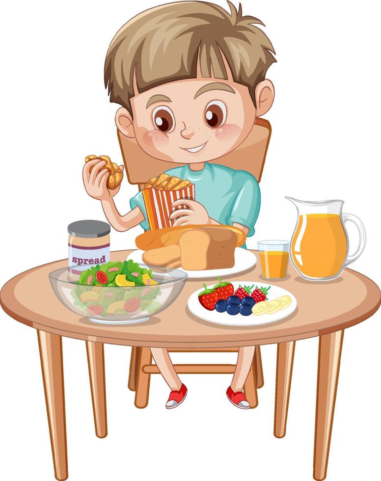 un niño comiendo en la mesa vector