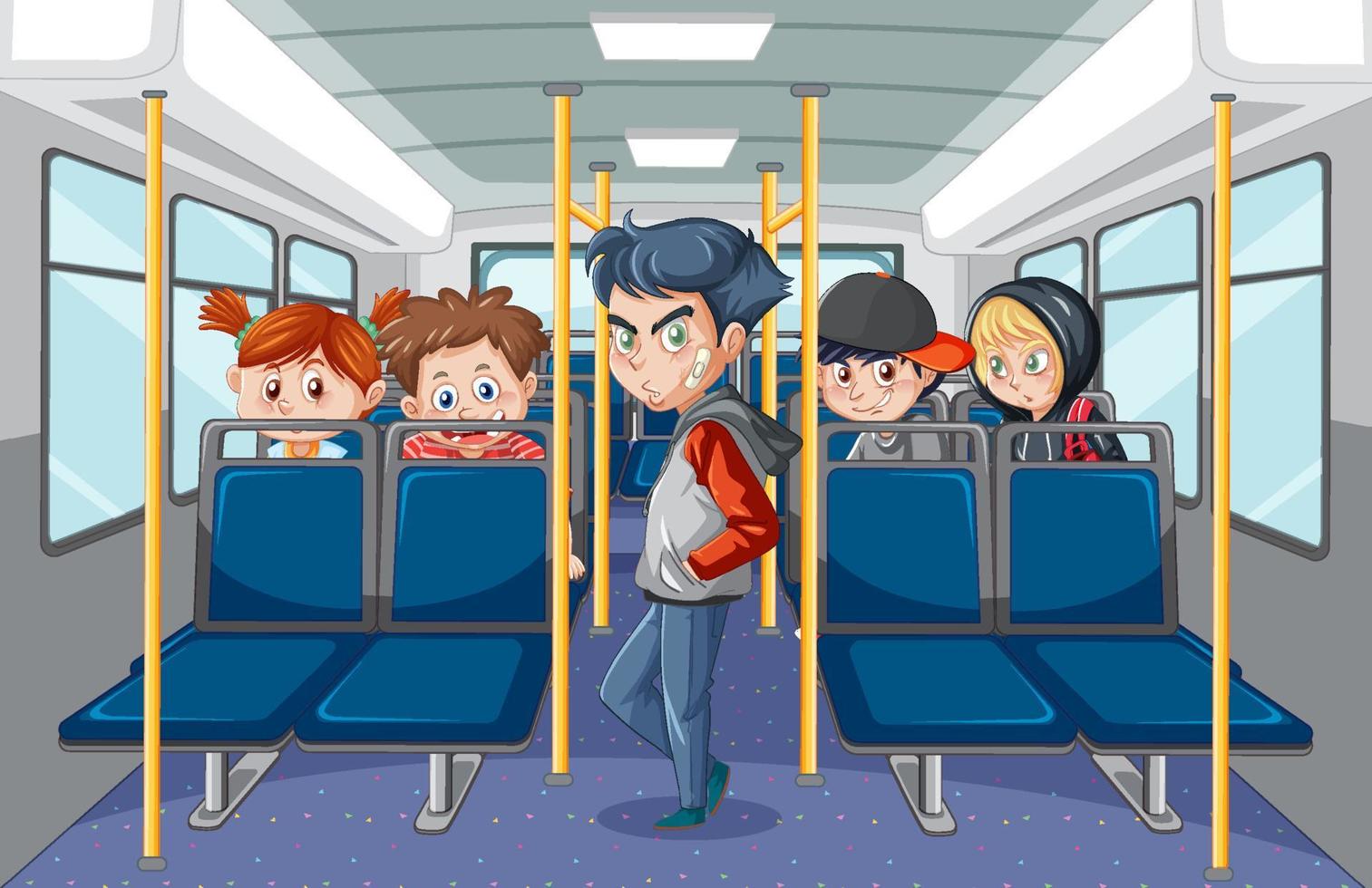 interior del autobús con personajes de dibujos animados de pasajeros vector