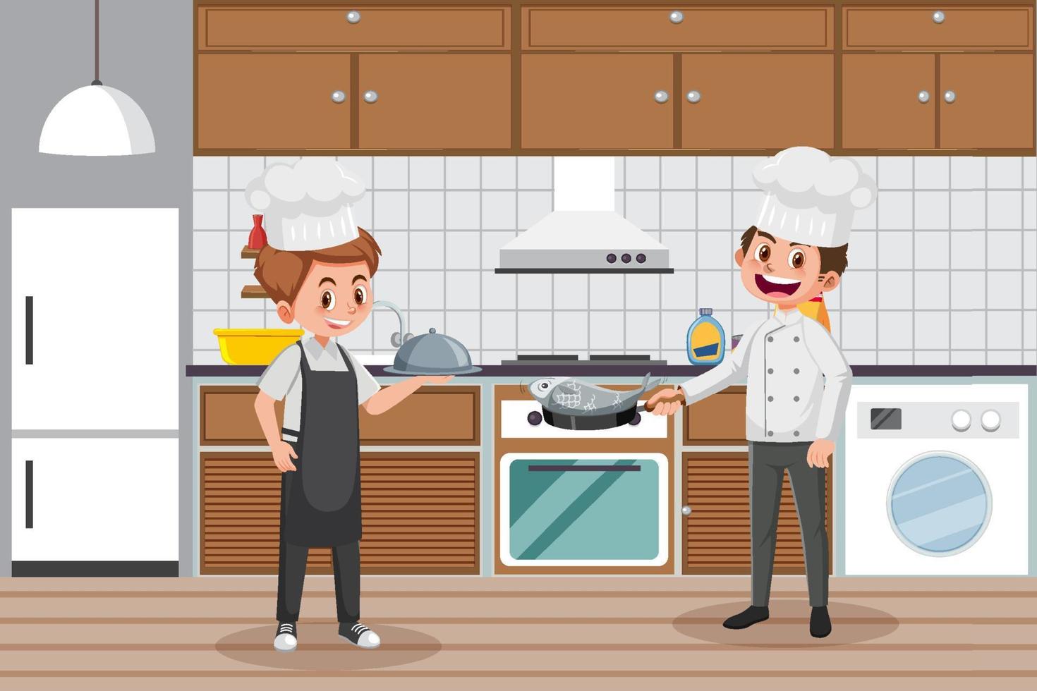 Two chefs working in the kitchen vector
