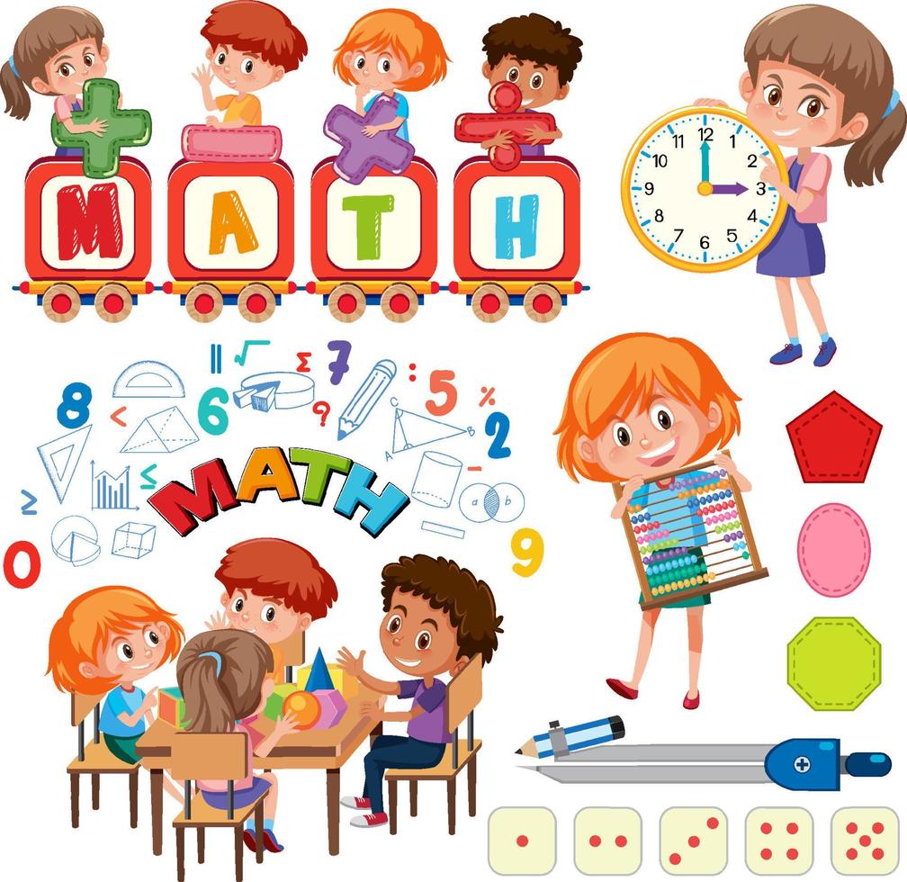 Math classroom objects with supplies and students vector