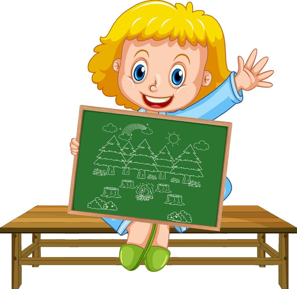 A girl holding board with a doodle sketch design on white background vector