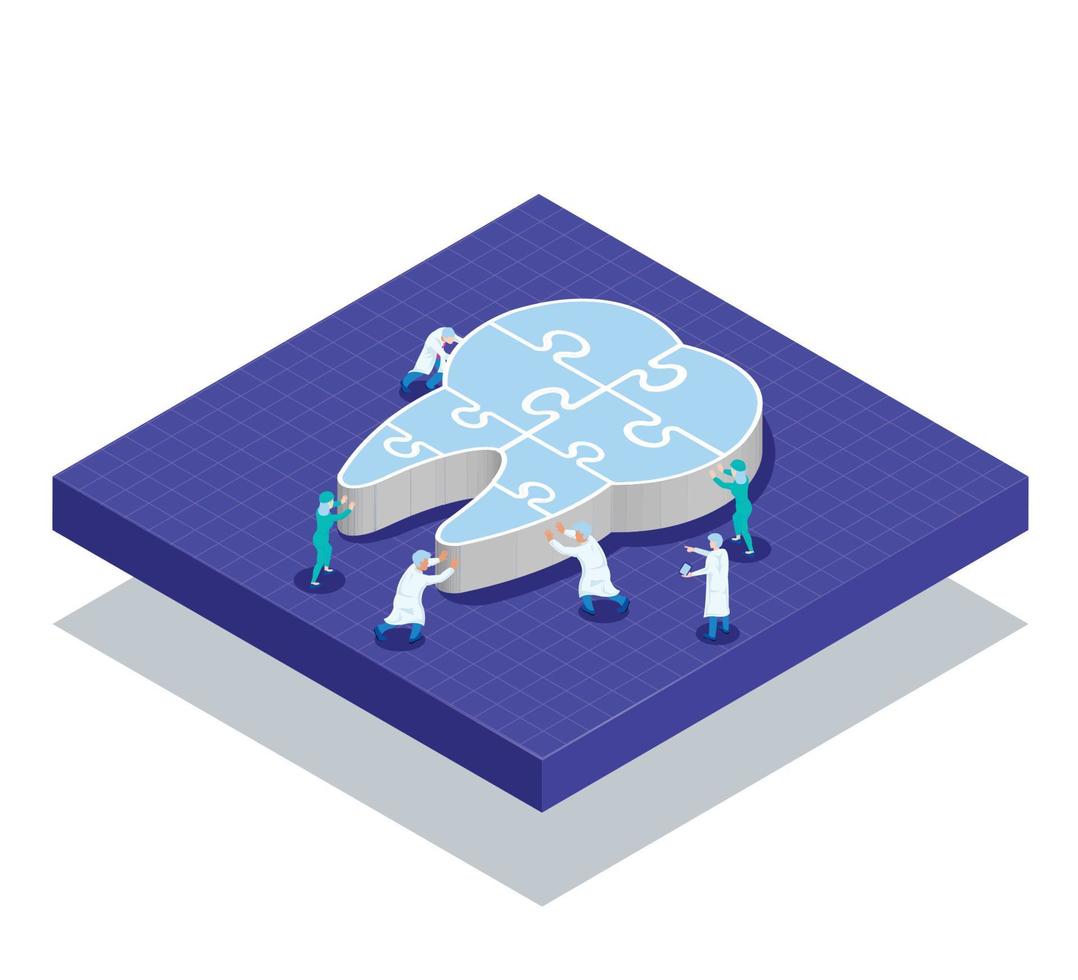 Isometric dentists puch jigsaw tooth from start to complete,Dental care concept vector
