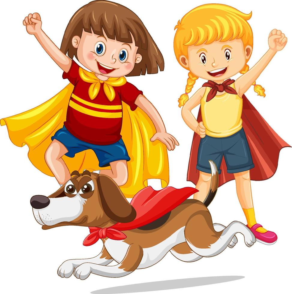 Two hero kids and hero beagle dog cartoon vector