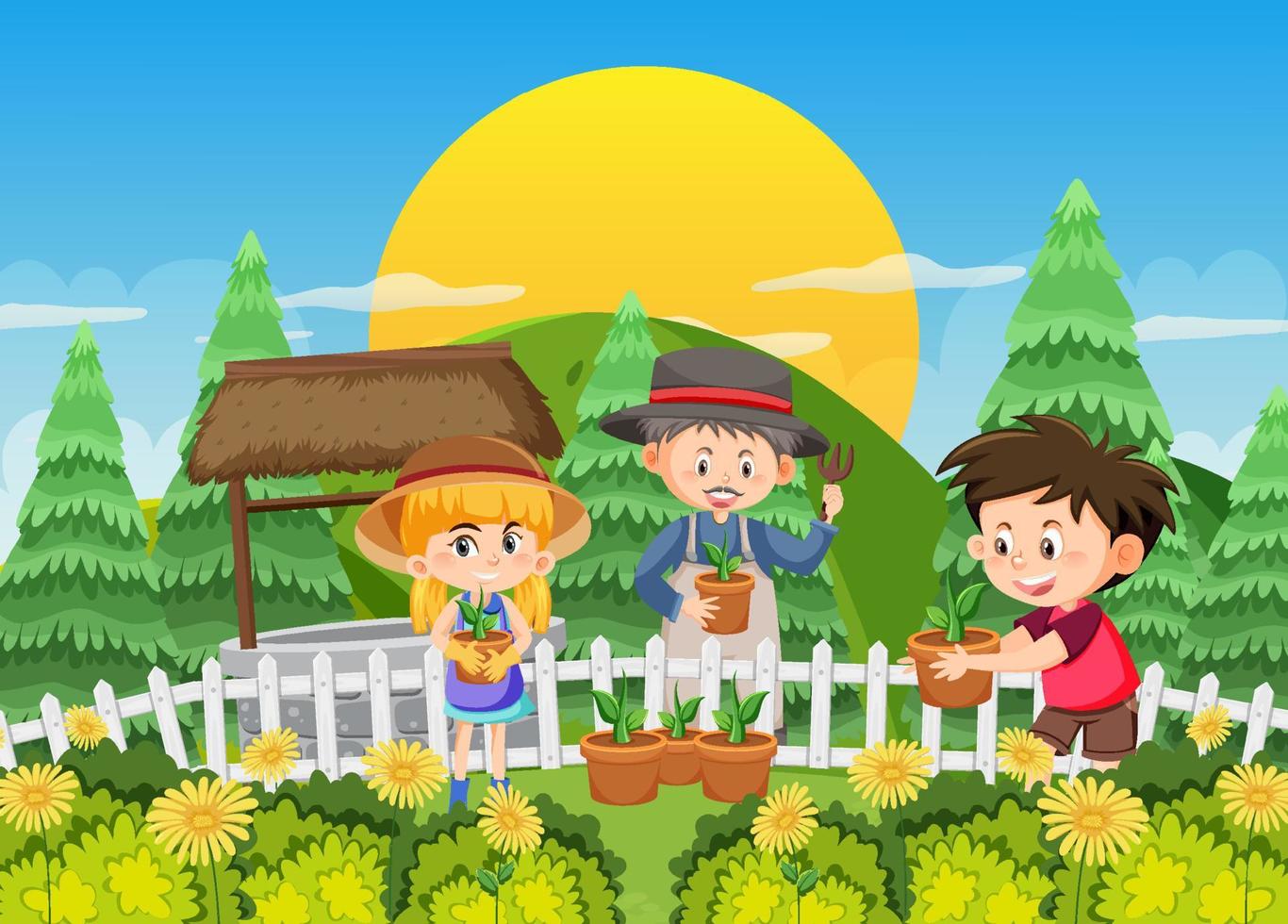 Happy people in the park gardening vector