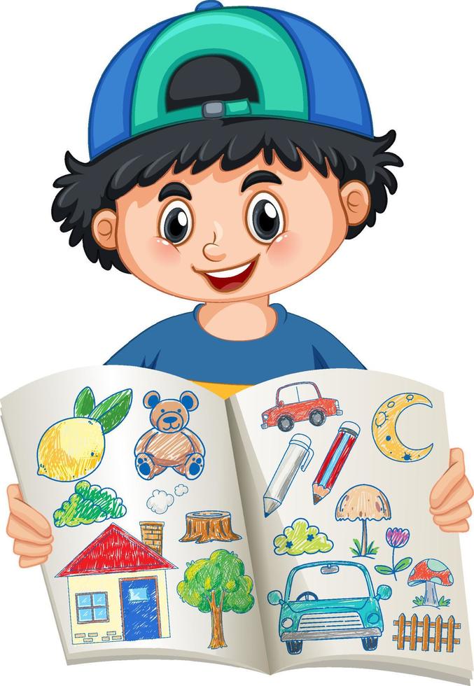 Happy boy holding his art work vector
