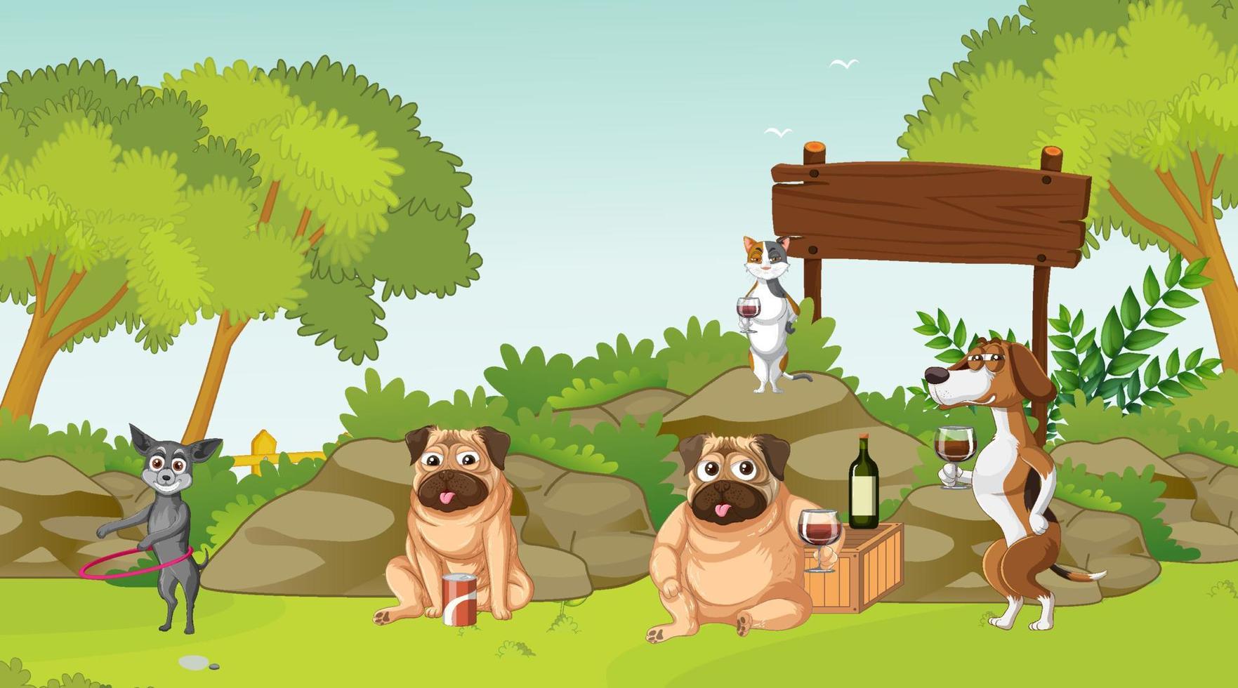 Outdoor park scene with many dogs and camels vector
