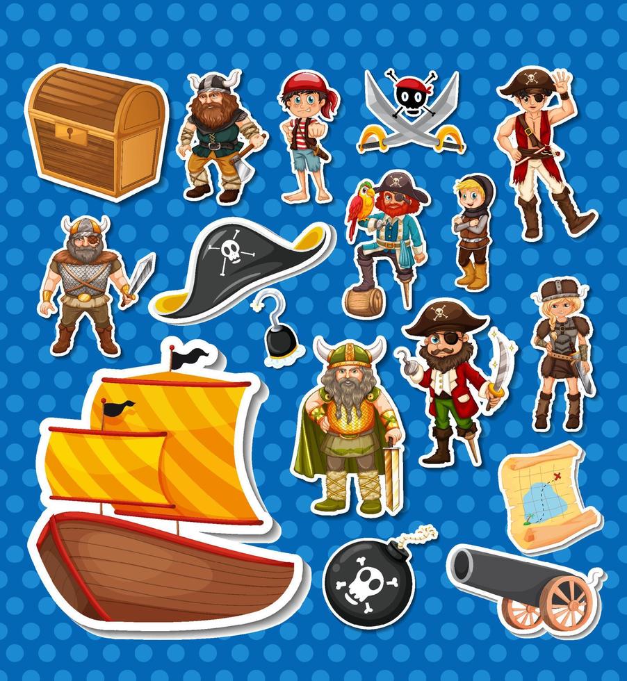 Sticker pack of pirate cartoon characters and objects vector