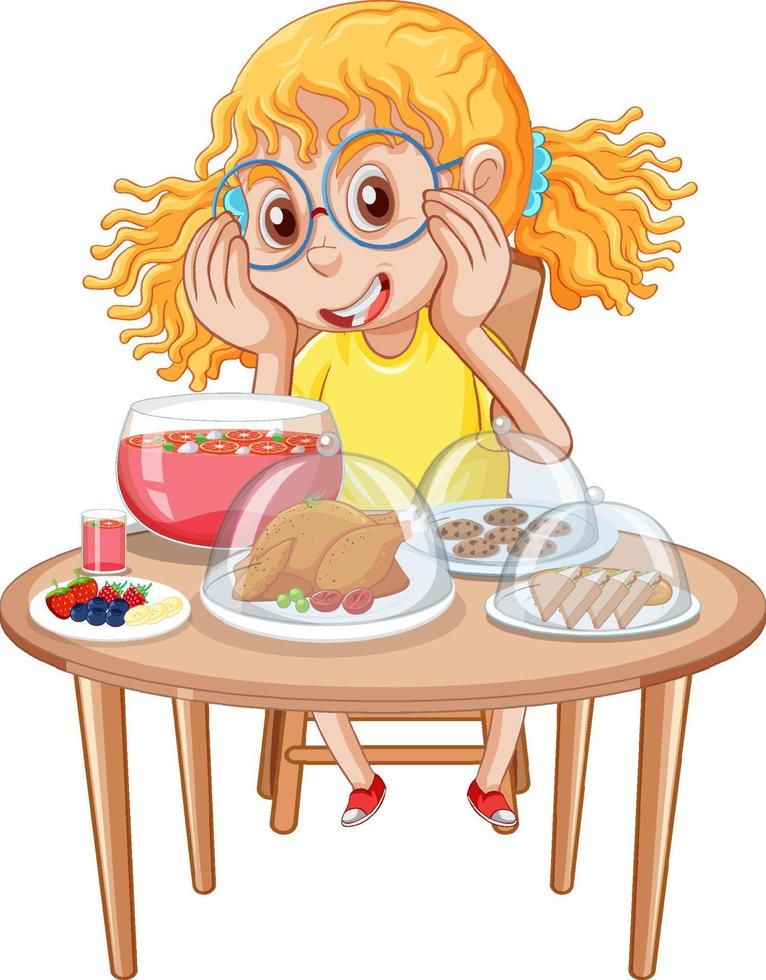 Happy girl having meal at the table vector