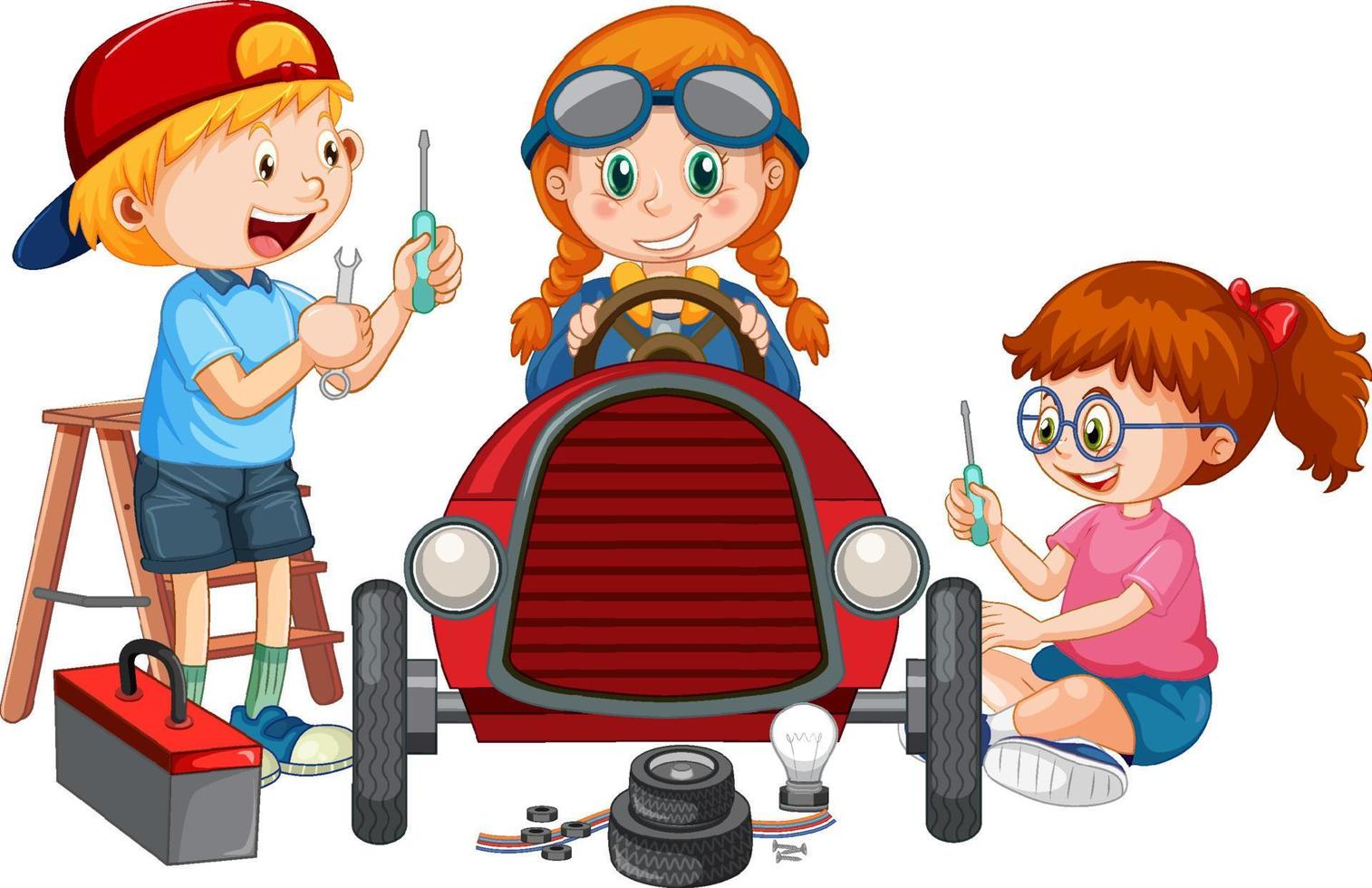 Children repairing a car together vector