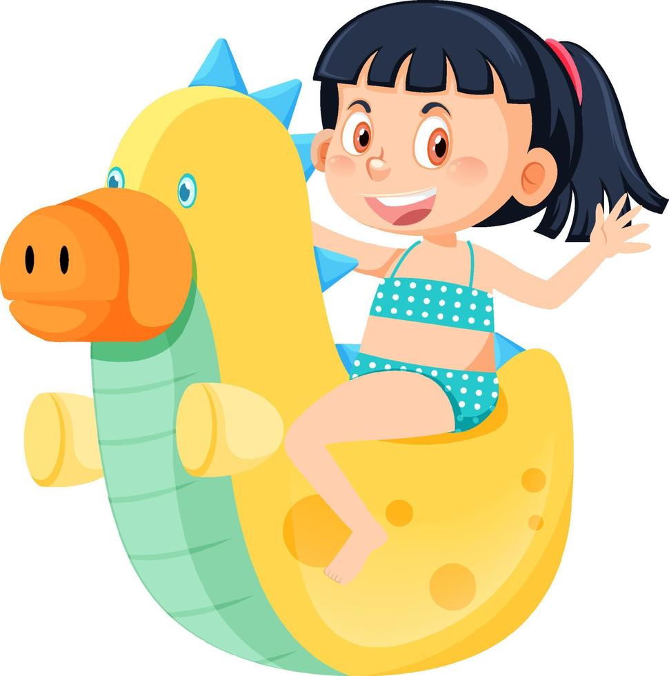 chica en traje de baño junto a un dinosaurio inflable vector