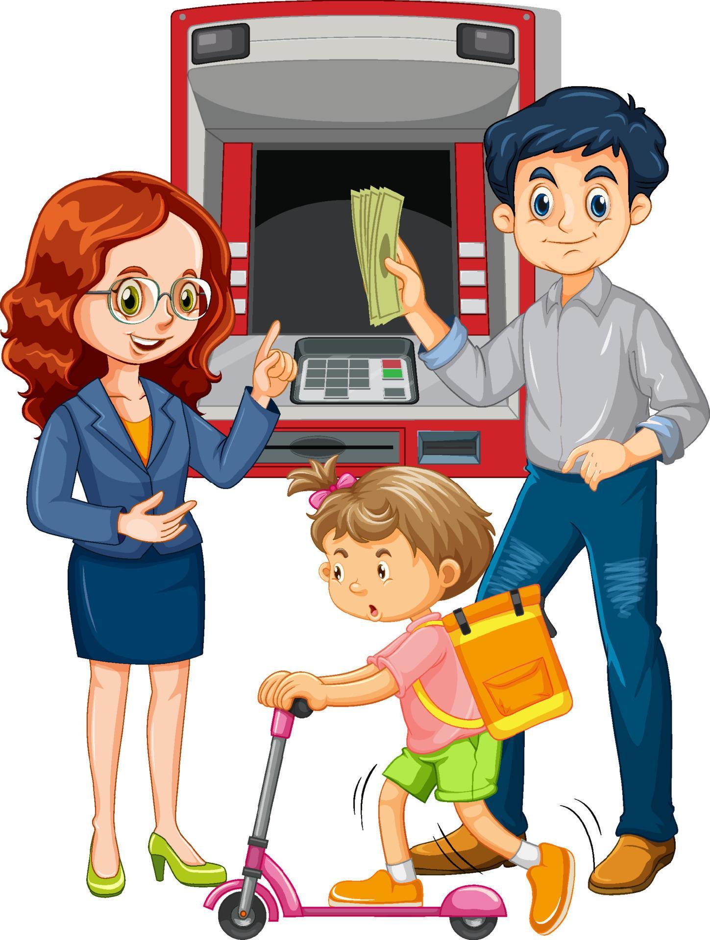 A man withdraw money from atm machine and his family cartoon character