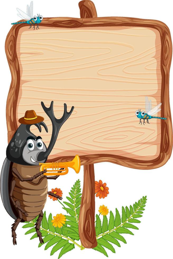 Blank wooden signboard with beetle cartoon vector
