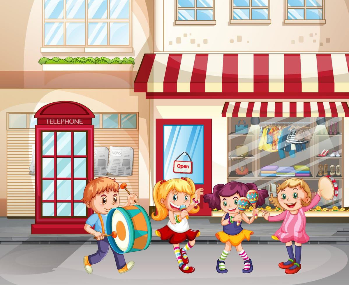 City scene with kids playing instruments vector