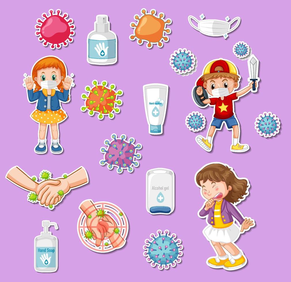 Sticker set of covid19 and cartoon character vector