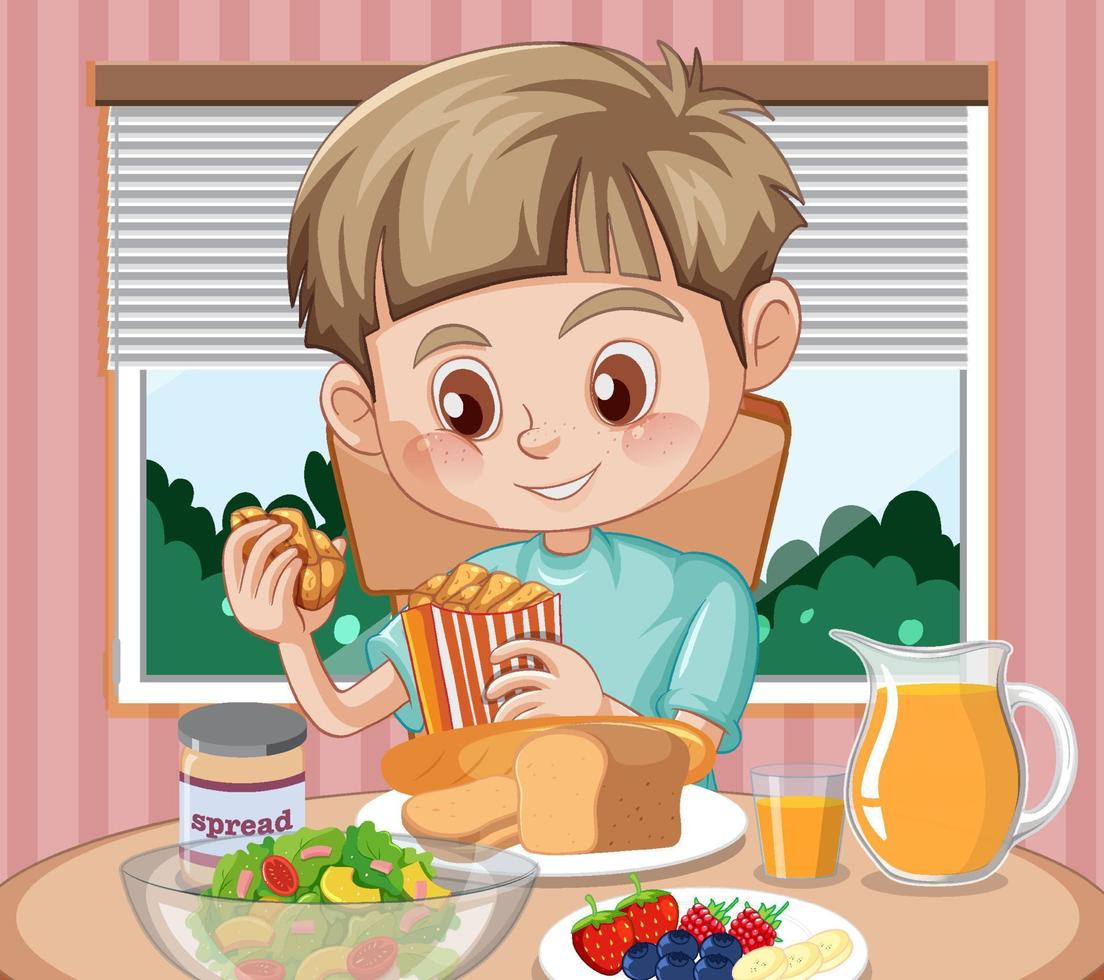 A boy eating breakfast at the table vector