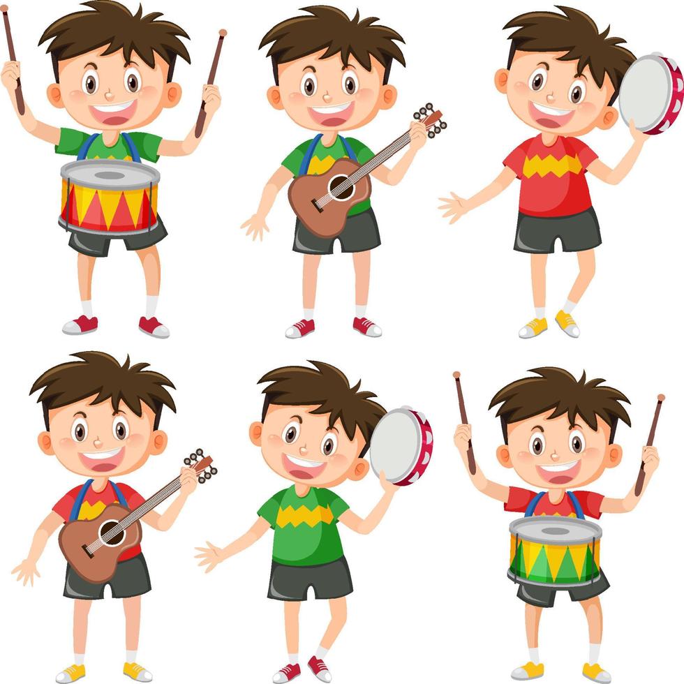 Set of boy cap playing music instrument vector
