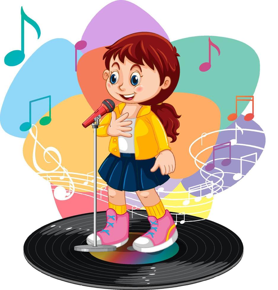 personaje de dibujos animados de chica cantante con símbolos de melodía vector