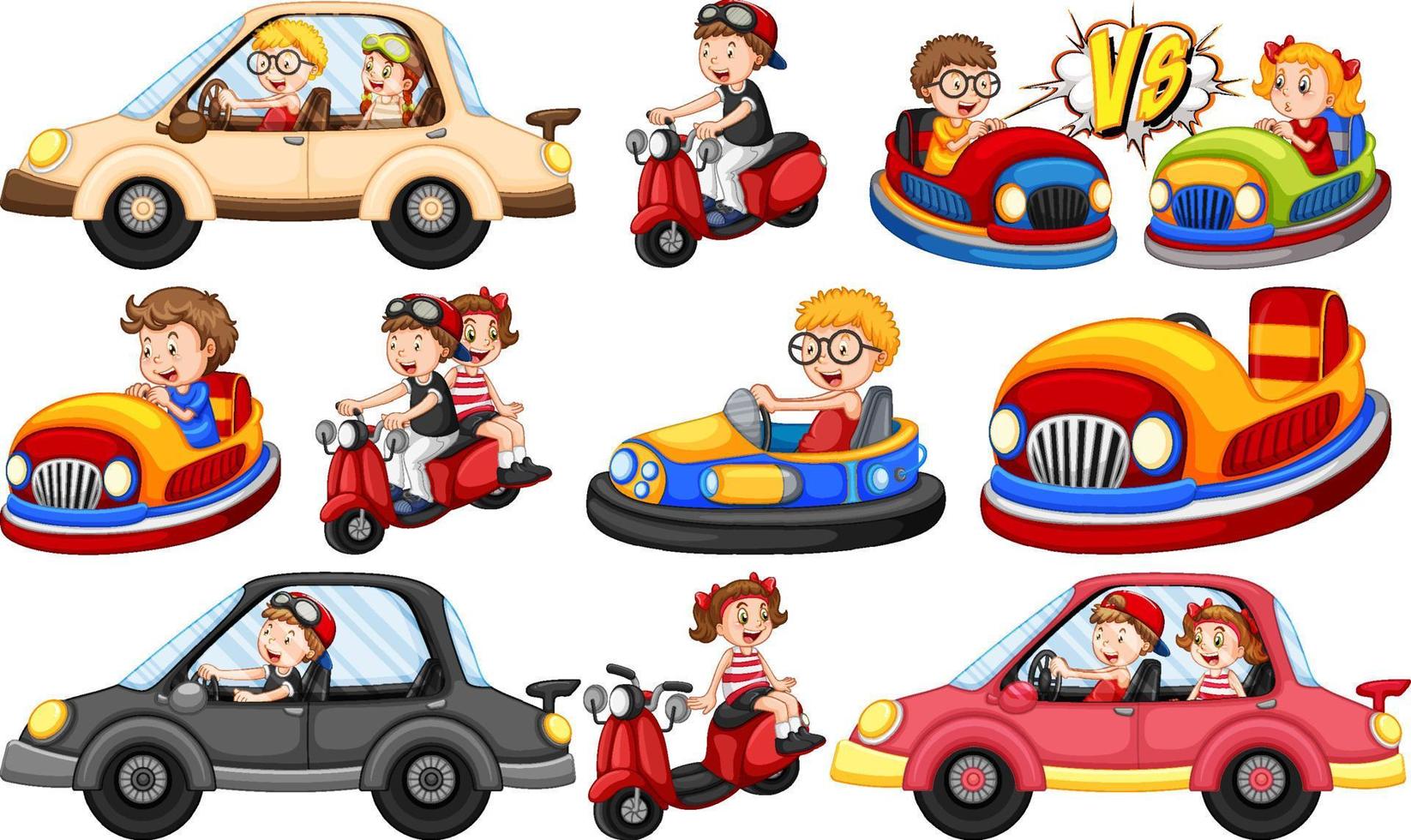 conjunto de niños montando go-kart vector