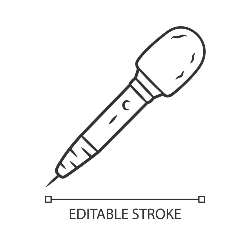 Microphone linear icon. Television reporting. News broadcasting. Professional mic, karaoke device. Thin line illustration. Contour symbol. Vector isolated outline drawing. Editable stroke