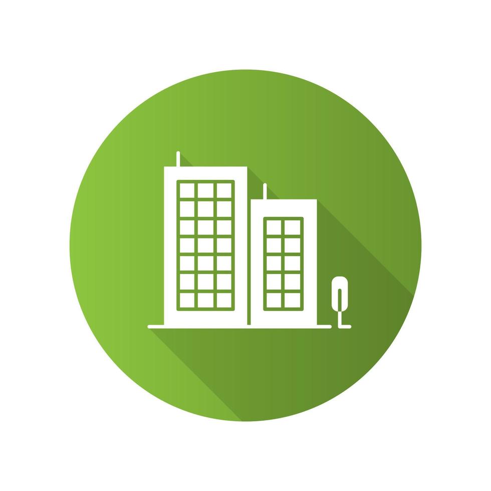 Multi-storey building green flat design long shadow glyph icon. Apartment houses. Multistorey housing, modern condo. City accommodation, hotel, business center exterior. Vector silhouette illustration