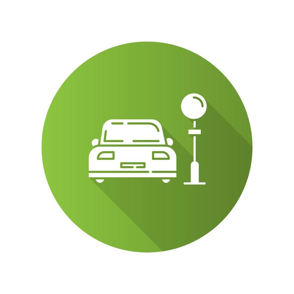 Assigned car parking zone green flat design long shadow glyph icon. Automobile city parking lot, space. Urban street carpark area. Vector silhouette illustration