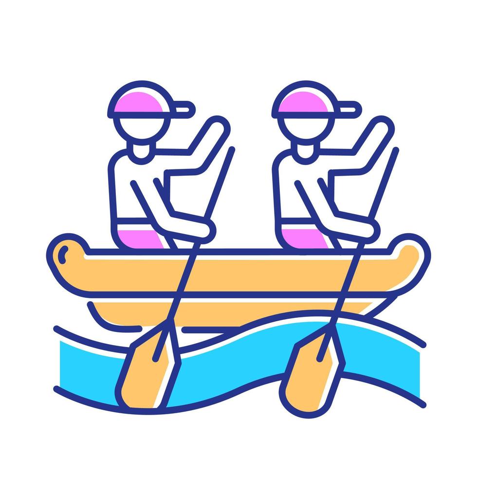 Rafting color icon. Watersport, extreme kind of sport. Recreational outdoor activity and hobby. Risky and adventurous leisure on rough water. Boat, paddle and helmet. Isolated vector illustration