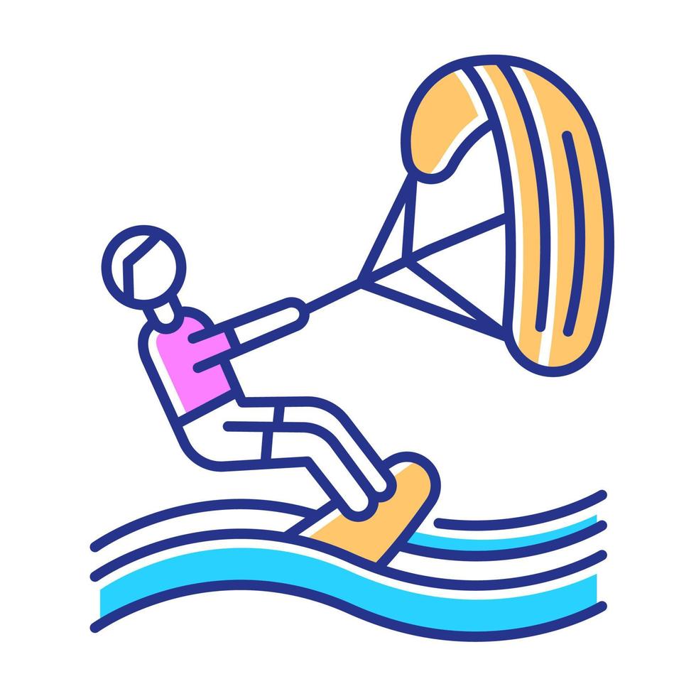 Kiteboarding color icon. Watersport, extreme kind of sport. Summer vacation activity and hobby. Catching wave and power of wind. Risky and adventurous beach leisure. Isolated vector illustration