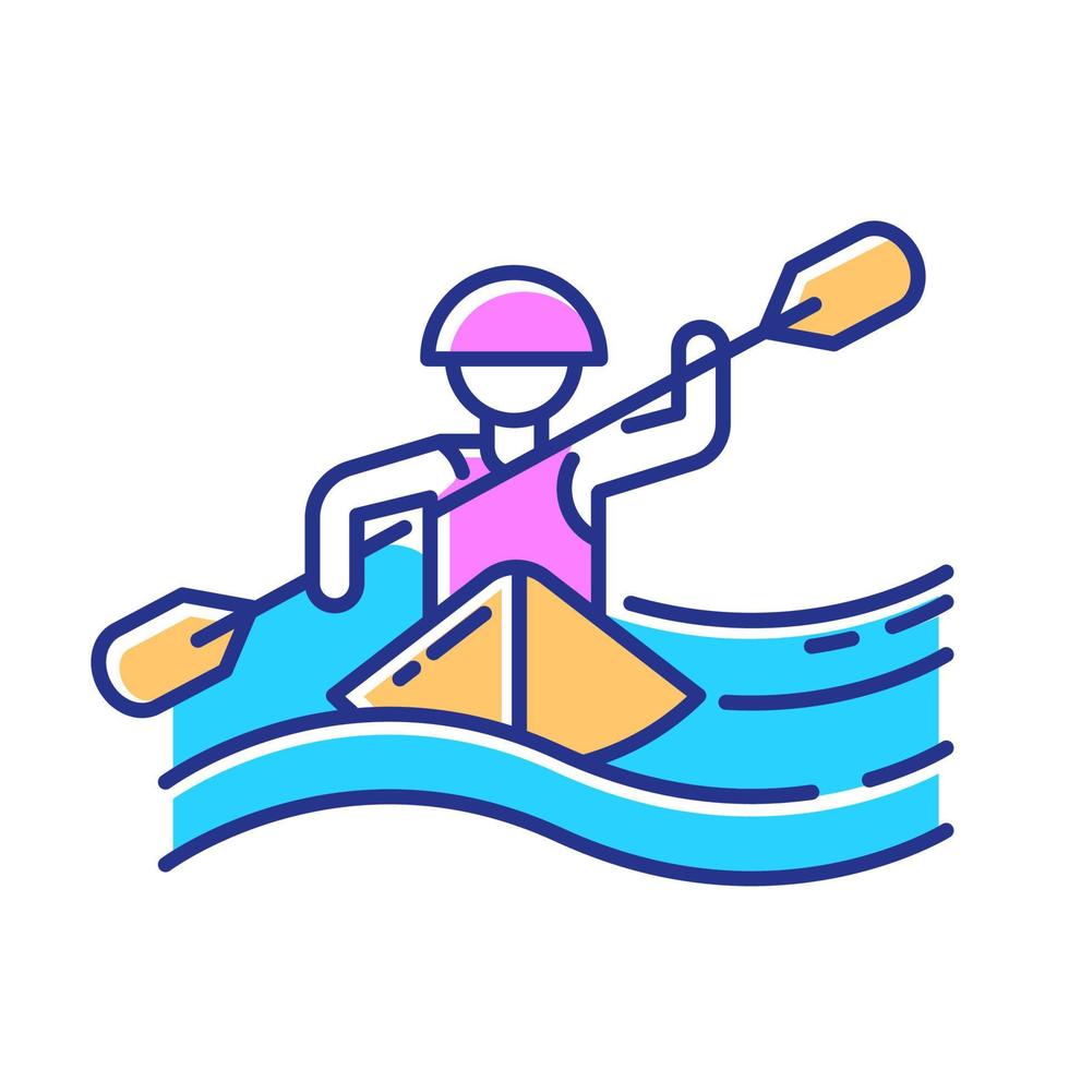icono de color de kayak. piragüismo, deporte acuático, tipo de deporte submarino extremo. actividad recreativa al aire libre y hobby. ocio arriesgado y aventurero en barco con charco. ilustración vectorial aislada vector