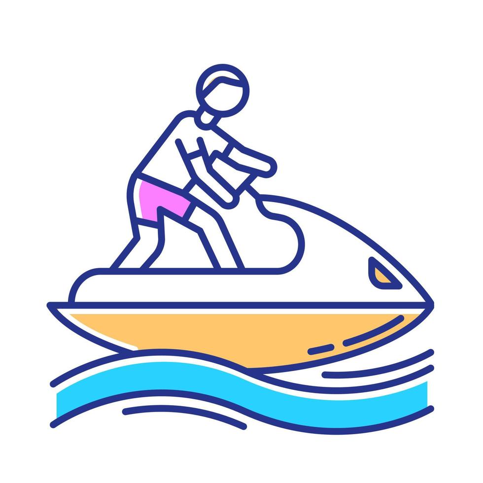 Jetskiing color icon. Summer activity. Jet ski riding. Man on water scooter. Watersports, extreme and dangerous kind of sport. Recreational outdoor activity. Isolated vector illustration..