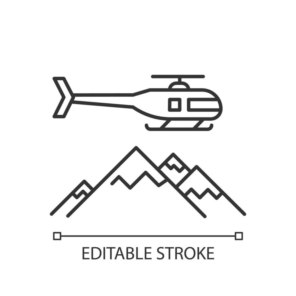 Heli skiing linear icon. Winter extreme sport, risky activity and adventure. Cold season outdoor leisure. Thin line illustration. Contour symbol. Vector isolated outline drawing. Editable stroke