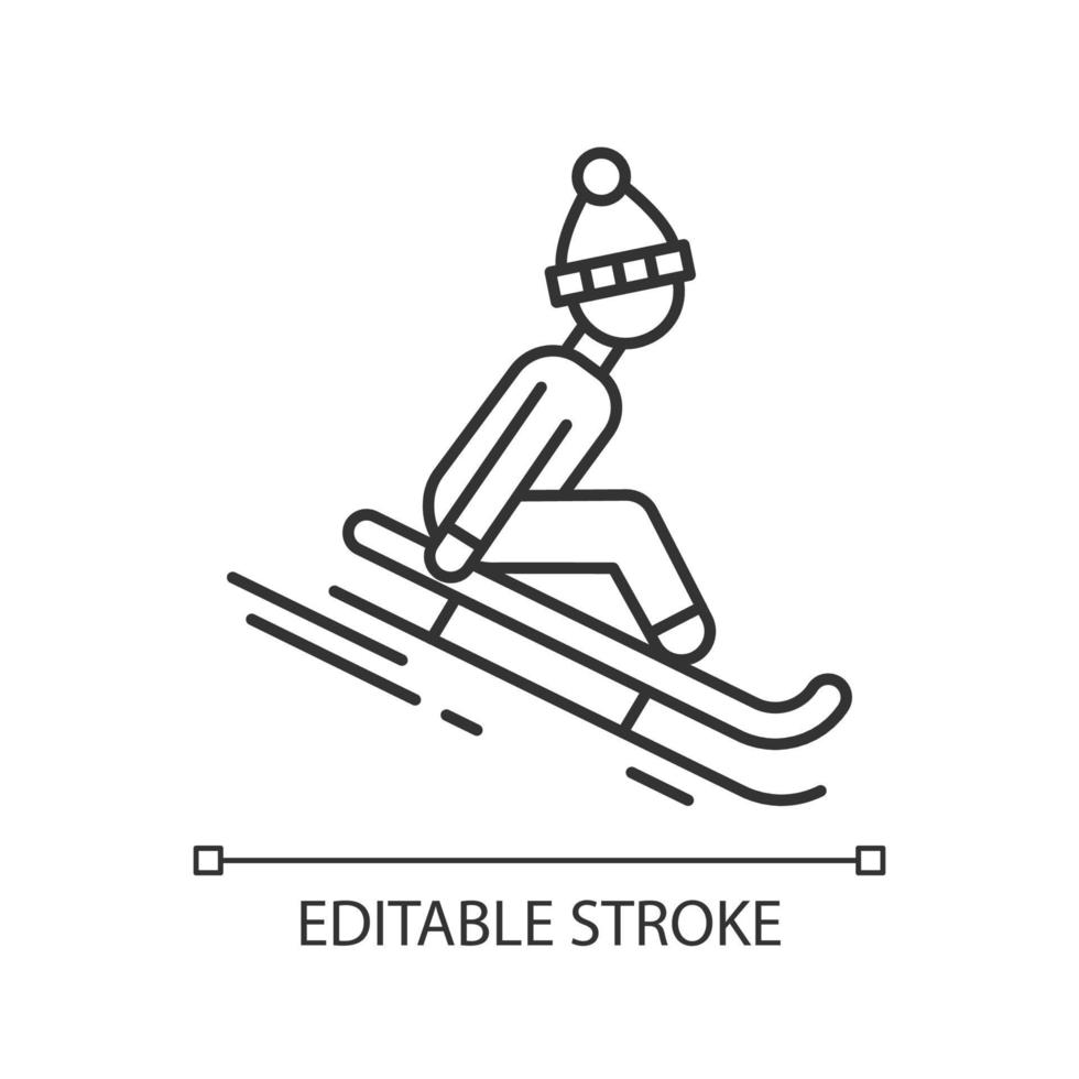 Sledding linear icon. Thin line illustration. Winter extreme sport, risky activity and adventure. Sleigh riding. Cold season leisure. Contour symbol. Vector isolated outline drawing. Editable stroke