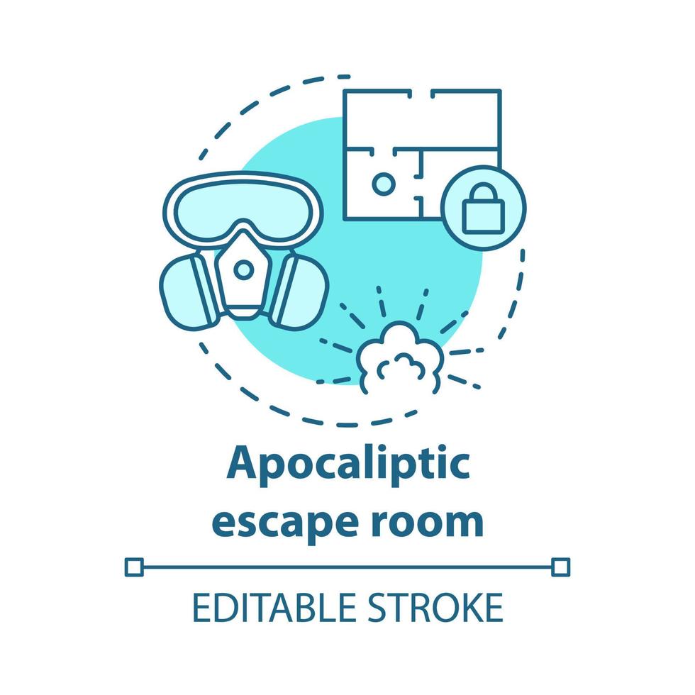 Apocalyptic escape room concept icon. Disaster theme quest idea thin line illustration. Nuclear war strategy game. Post apocalyptic survival. Vector isolated outline drawing. Editable stroke.