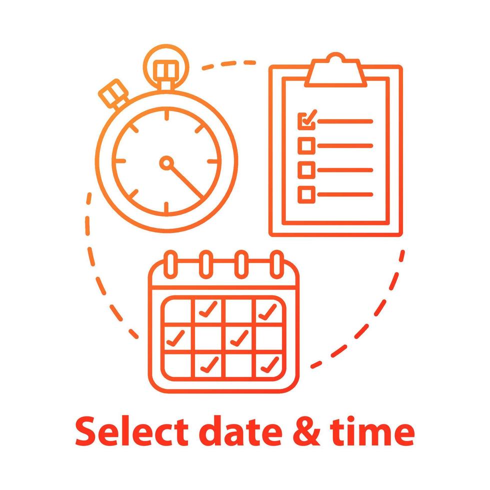 Select date, time red gradient concept icon. Choose day, hour thin line illustration. Making reservation, booking. Time management, scheduling. Calendar, stopwatch. Vector isolated outline drawing