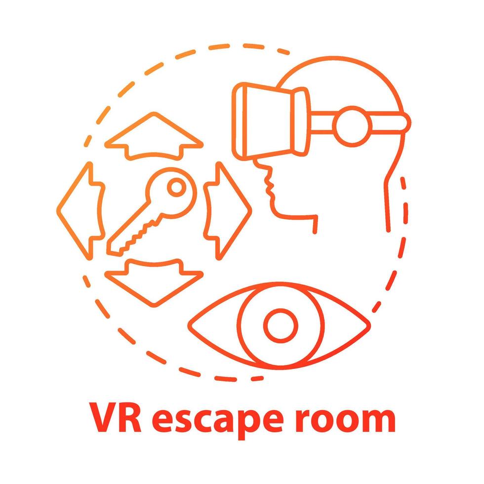 vr icono de concepto rojo de la sala de escape. ilustración de línea delgada de idea de búsqueda de realidad virtual moderna. simulación de juego de misterio digital. entretenimiento innovador. dibujo de contorno aislado vectorial vector