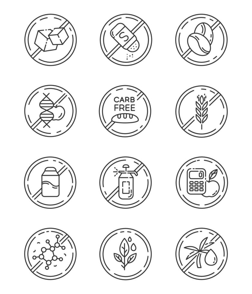 conjunto de iconos lineales de ingredientes libres de productos. sin parabenos, lactosa. hierbas no químicas. dietético sin alérgenos. símbolos de contorno de línea delgada. ilustraciones aisladas de contorno vectorial. trazo editable vector