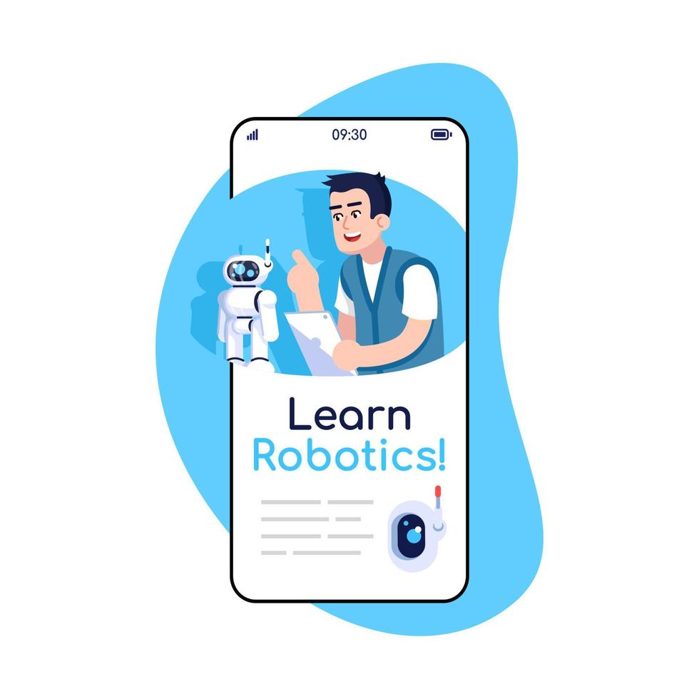 Learn robotics social media posts smartphone app screen. Mobile phone displays with cartoon characters design mockup. Studying electronics. Robot engineering application telephone interface vector