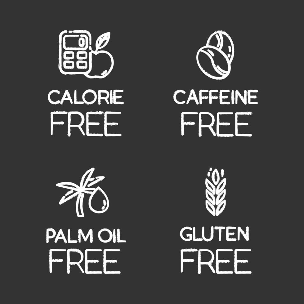 Product free ingredient chalk icons set. No calories, caffeine, palm oil, gluten. Healthy food. Low calories meals. Dietary without allergens and sweeteners. Isolated vector chalkboard illustrations