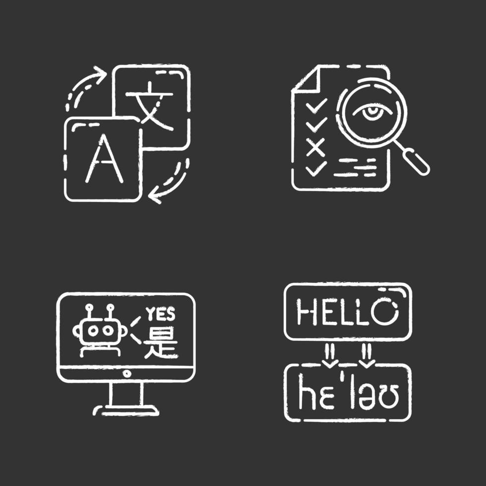 Machine translation services chalk icons set. Instant online translation. Multilingual chatbot. Artificial intelligence. Transcription and proofreading. Isolated vector chalkboard illustrations