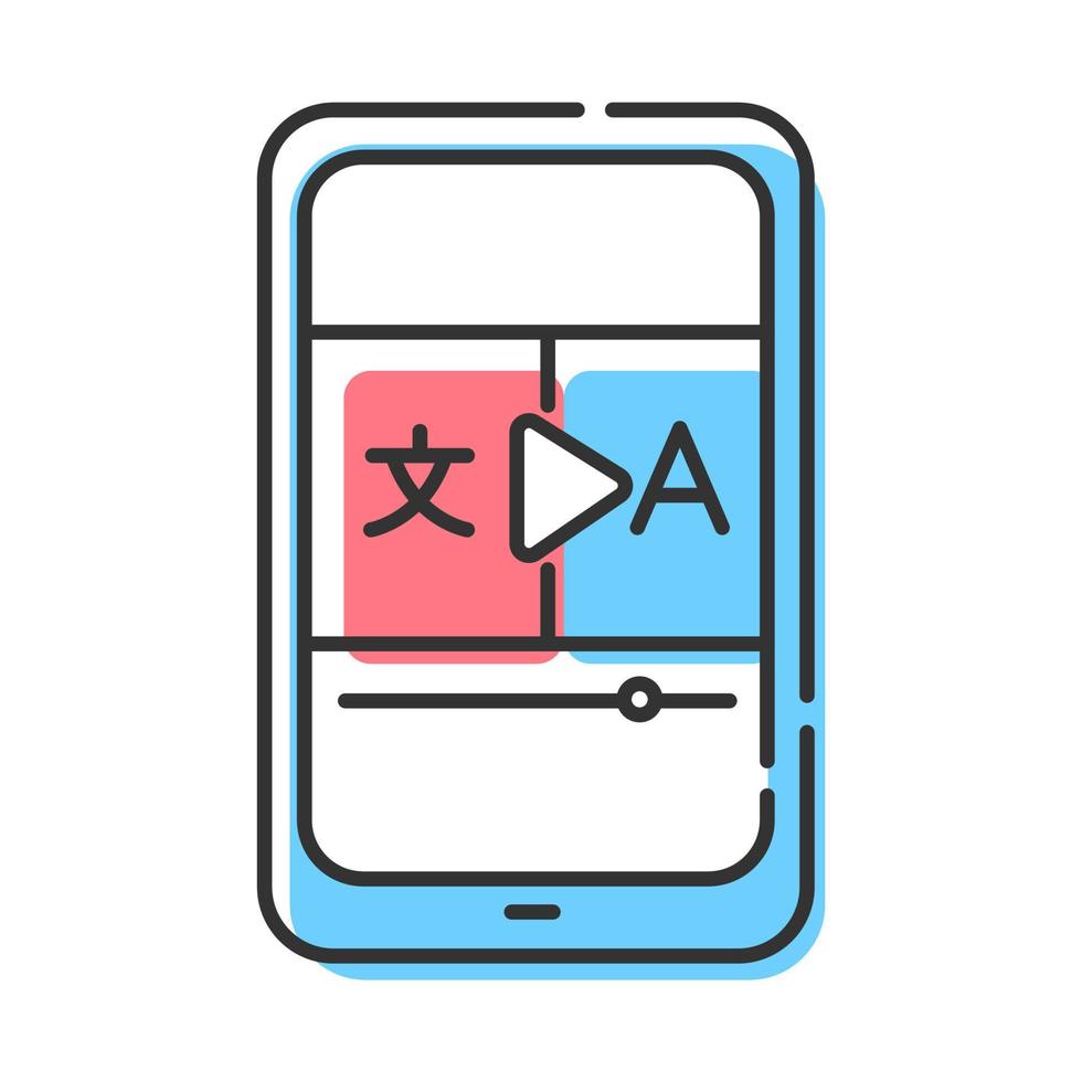 Video translation color icon. Online dictionary app. Translation services. Visual media interpretation. Language learning means. Isolated vector illustration
