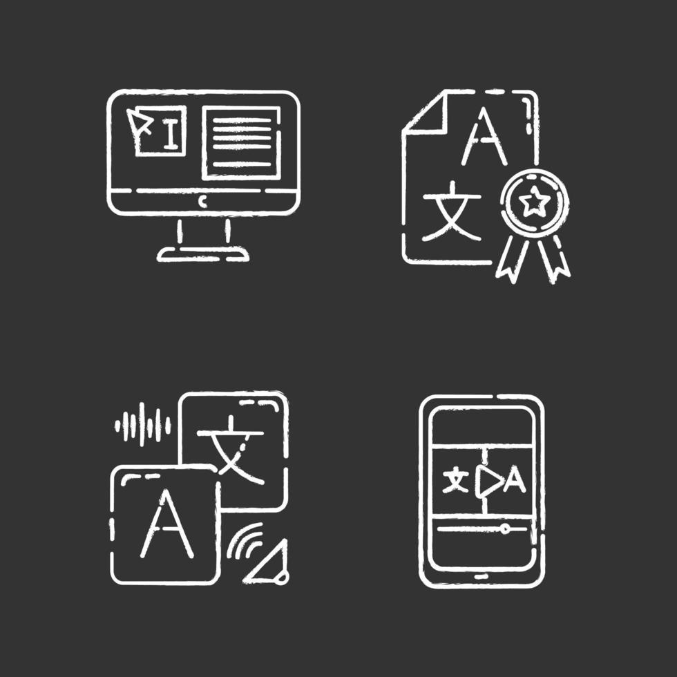 Machine translation chalk icons set. Audio and video instant online translator. Text editing. Quality control. Certified translation, DTP services. Isolated vector chalkboard illustrations