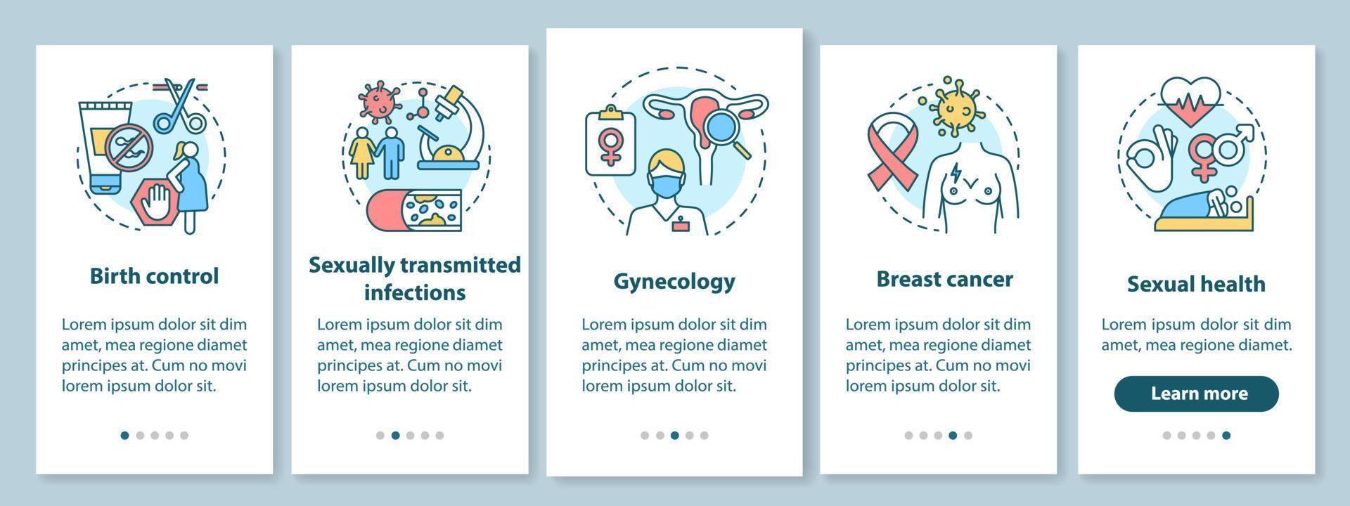 Women healthcare onboarding mobile app page screen with linear concepts. Birth control, breast cancer, sexual health. Walkthrough steps graphic instructions. UX, UI, GUI template with illustrations vector