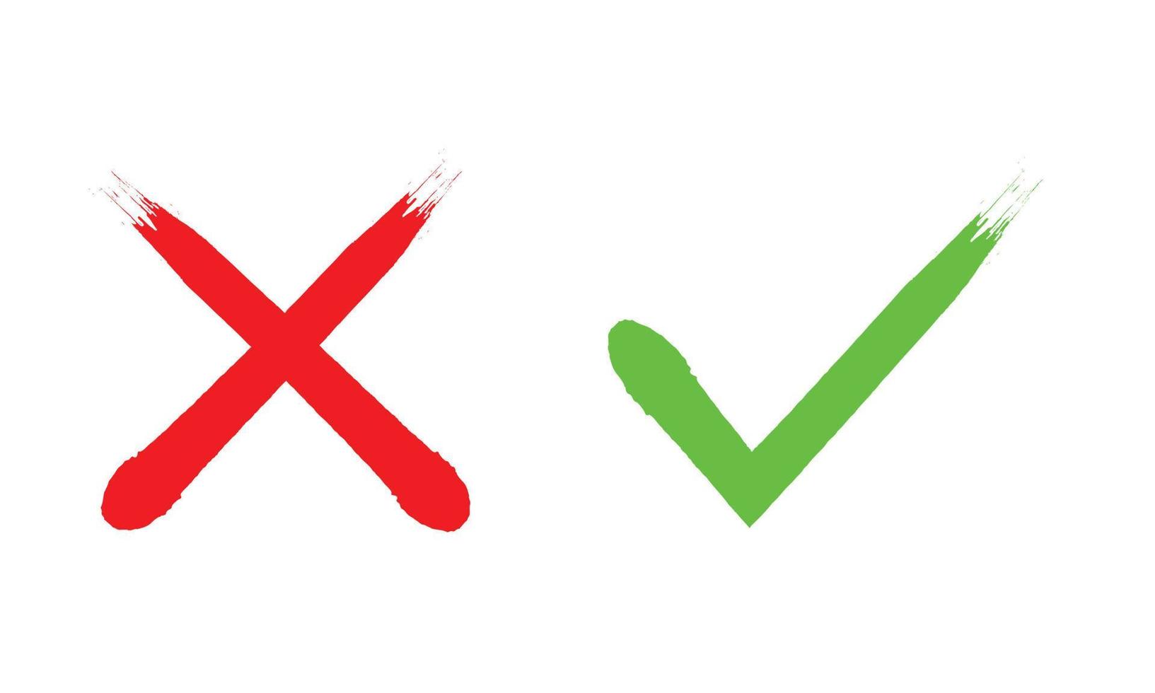 paintbrush green checkmark and Red cross isolated on white background. yes and no icon. Vector illustration.