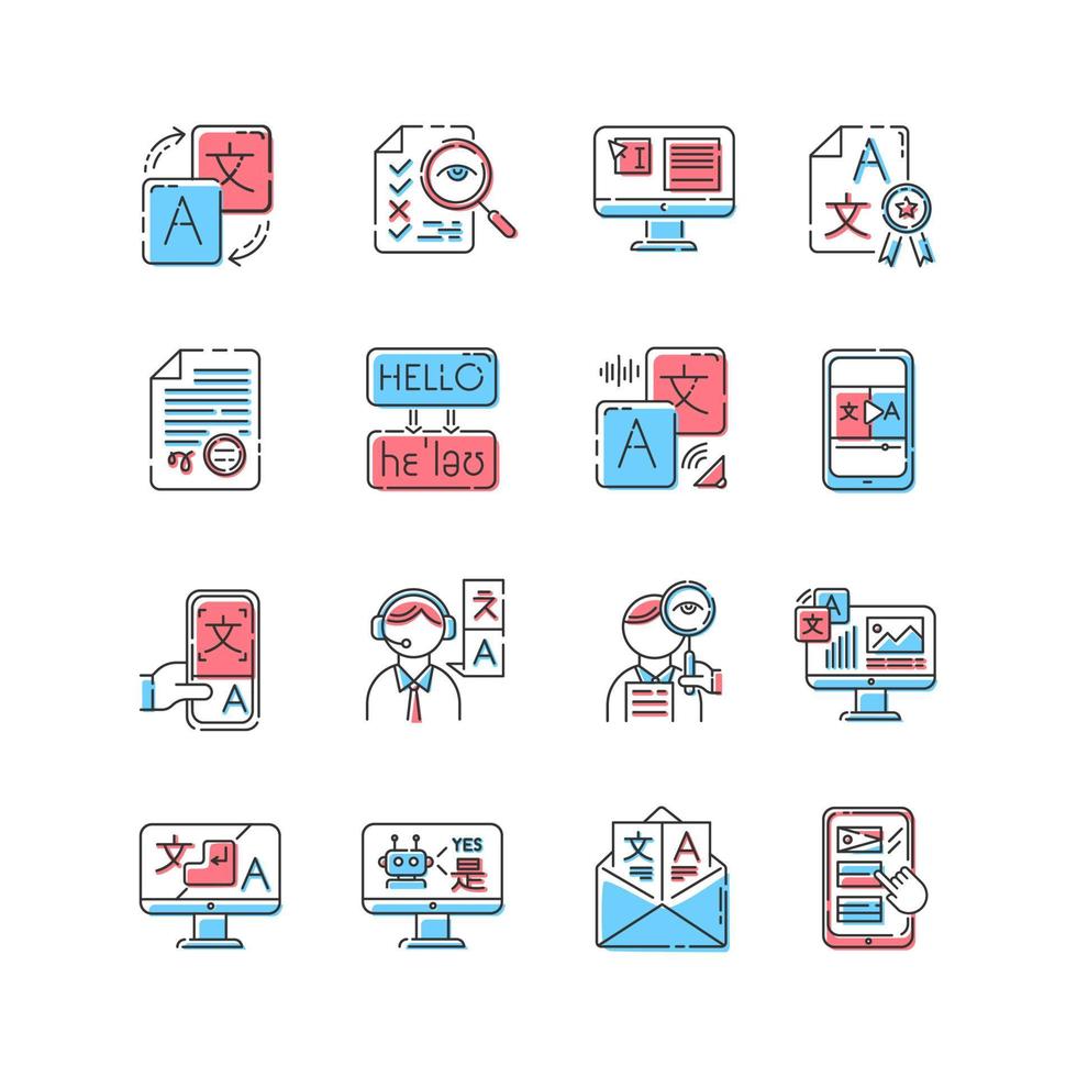 Language translation service color icons set. Instant online translation. Audio, video interpretation. Multilingual app, chatbot. Transcription, proofreading. Isolated vector illustrations