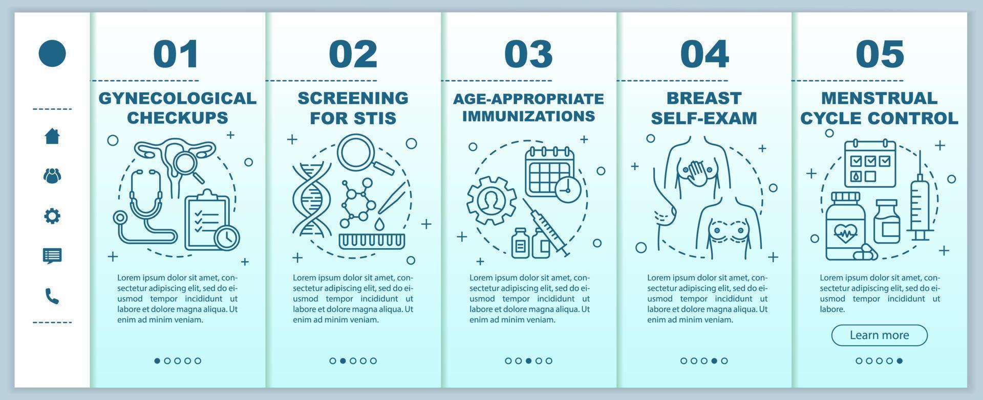 Women healthcare onboarding mobile web pages vector template. Gynecological checkups. Responsive smartphone website interface idea with linear illustrations. Webpage walkthrough step screens concept