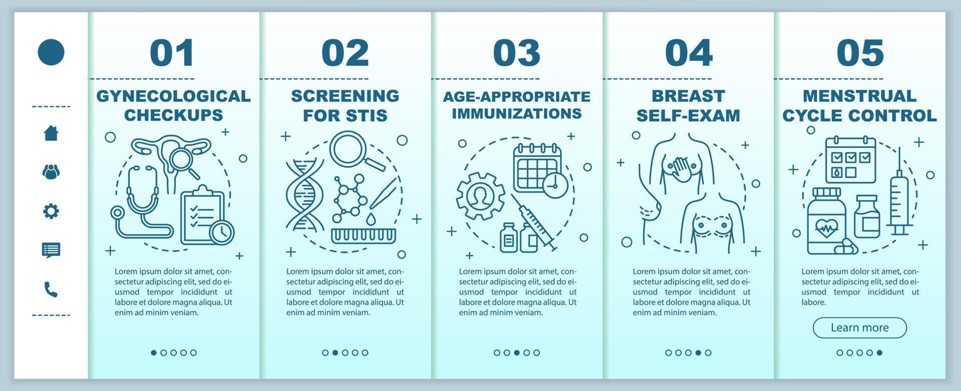 Plantilla de vector de páginas web móviles de incorporación de atención médica para mujeres. chequeos ginecológicos. idea de interfaz de sitio web de teléfono inteligente sensible con ilustraciones lineales. Concepto de pantallas de paso de tutorial de página web