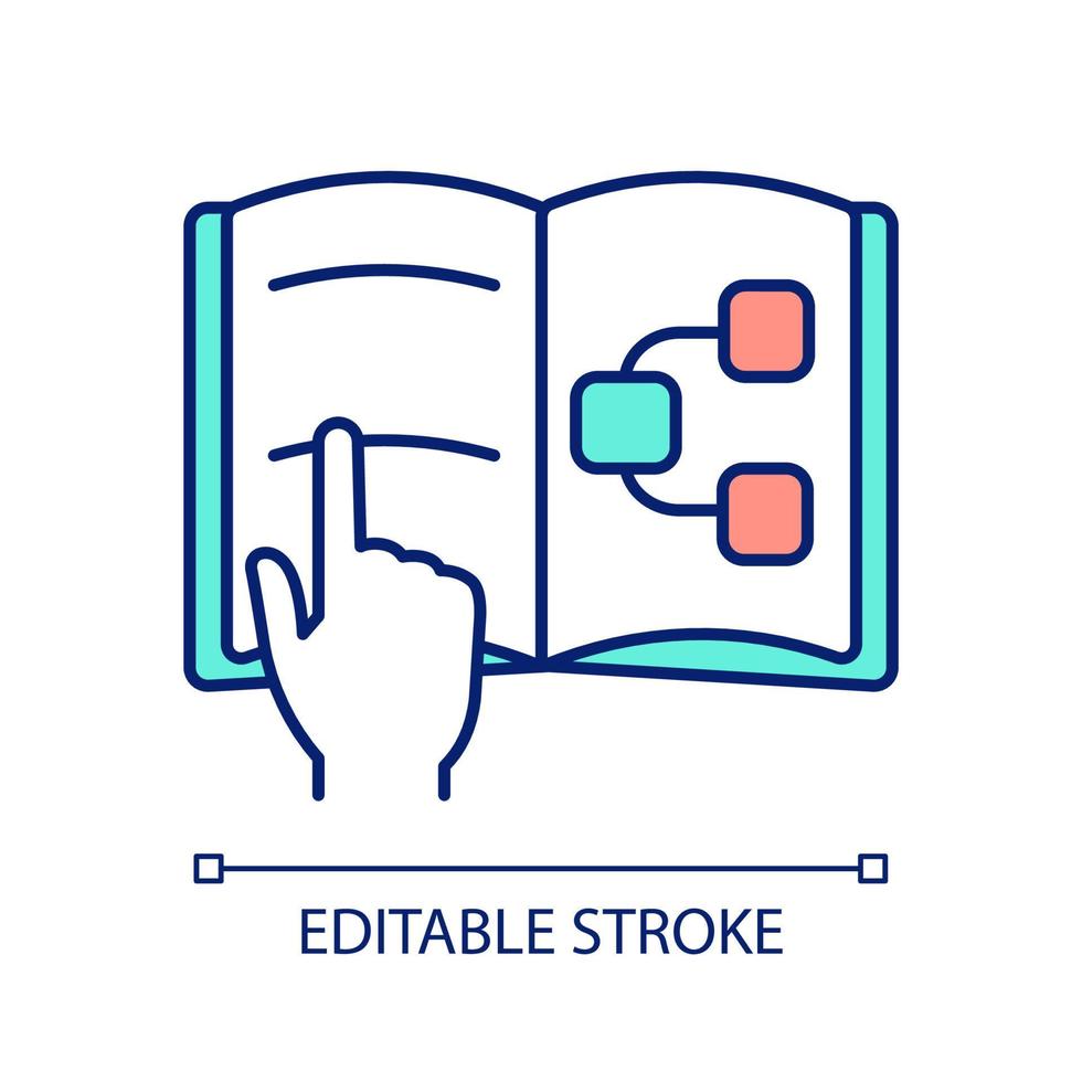 Read book on programming RGB color icon. Knowledge for coding softwares and building algorithms. Isolated vector illustration. Simple filled line drawing. Editable stroke.
