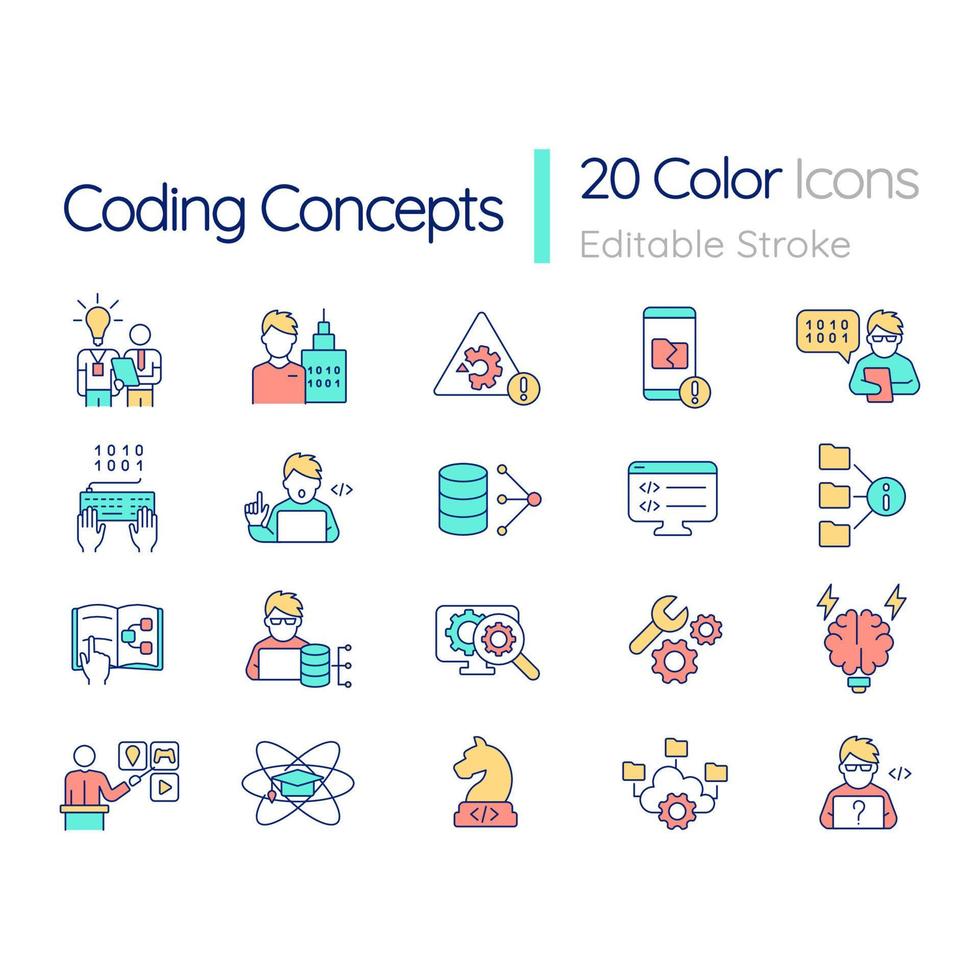 Coding RGB color icons set. Programmer specialist. Professional coding ...