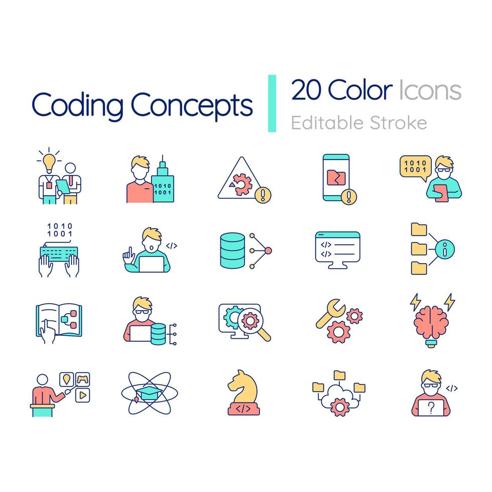 Coding RGB color icons set. Programmer specialist. Professional coding skills. Isolated vector illustrations. Simple filled line drawings collection. Editable stroke